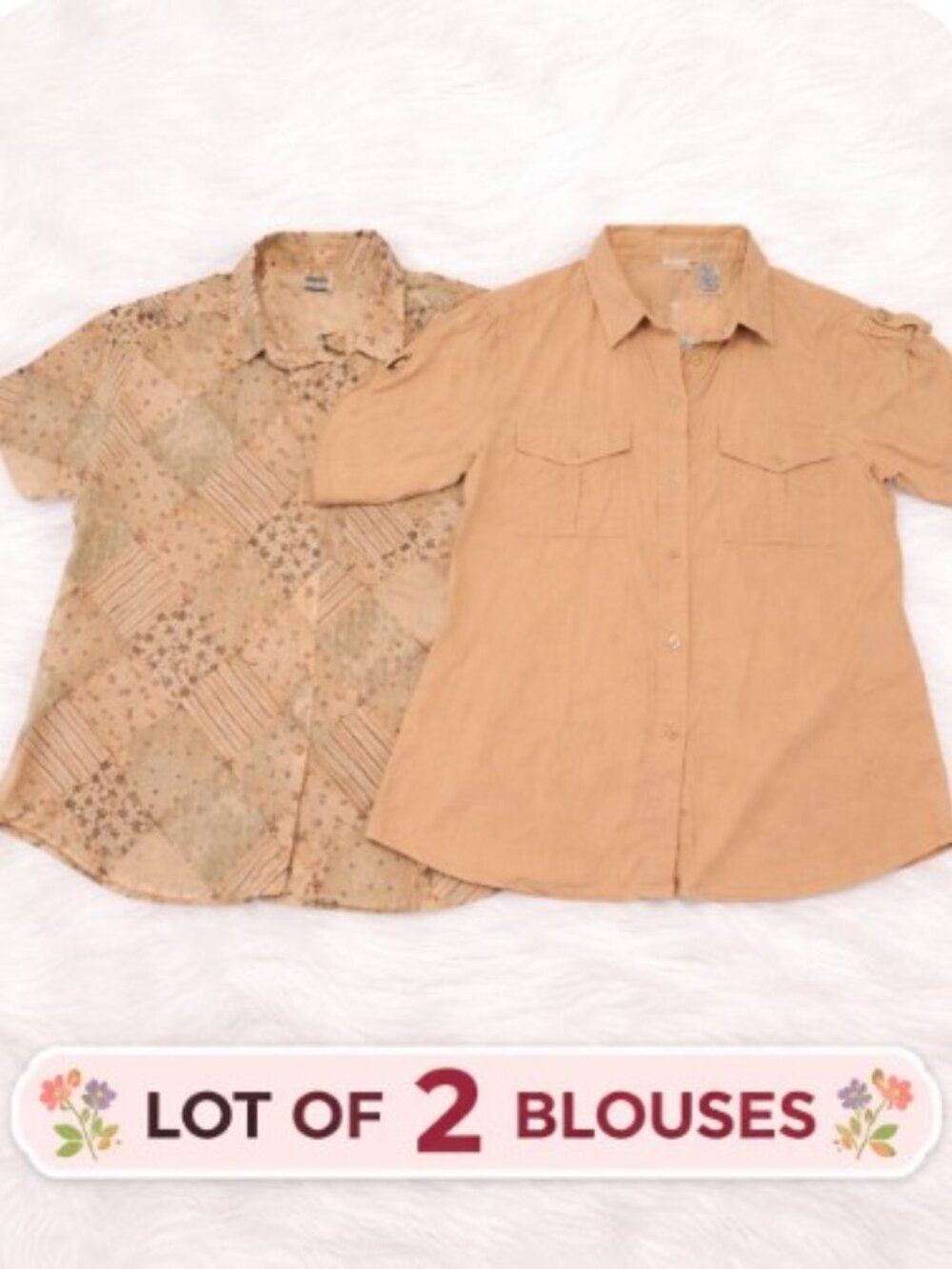Lot of 2 Neutral Button Up XL Tops Floral TAPESTRY and Solid Textured WHITE STAG
